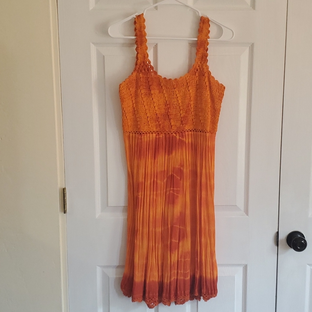 Orange mini vintage hippie dress, tie dye, crochet